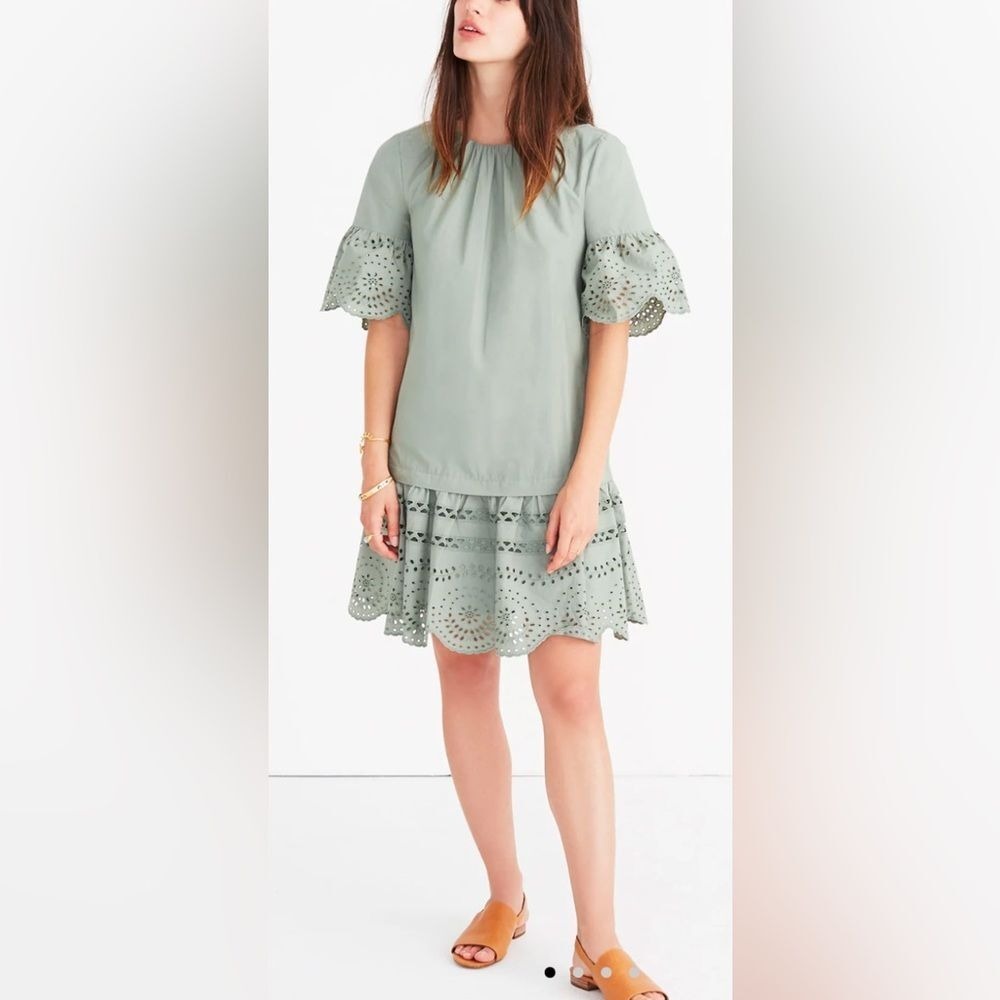 Madewell Eyelet‎ Drop Waist Mini Dress 100% Cotton in Sage Green - XS